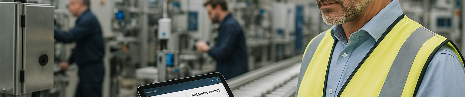 Produktionsleiter prüft Tablet mit Echtzeit‑Dashboards zu Effizienz und Automatisierung neben einer Fertigungslinie