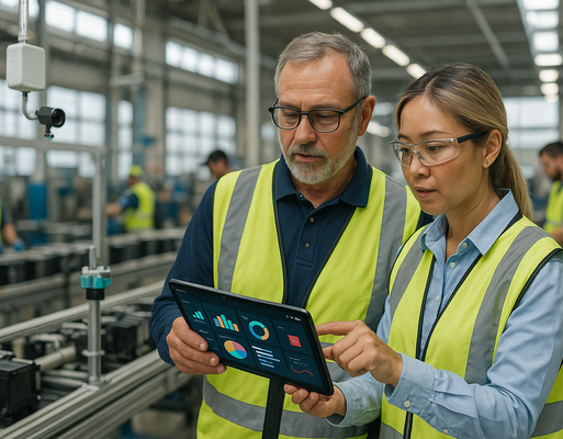 Engineers reviewing a tablet dashboard above an assembly line showing data-driven quality and sustainability metrics