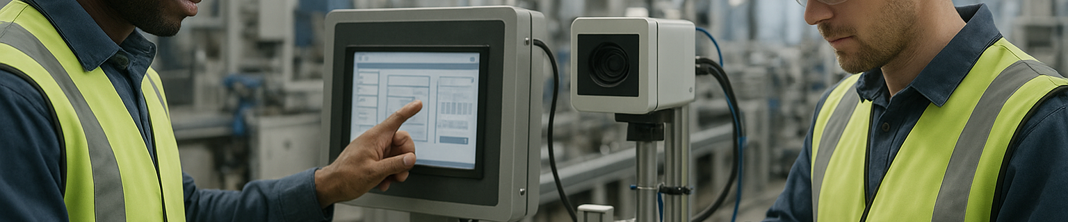 Engineer inspecting touchscreen and inline vision system on a production line demonstrating Automatisierung and sustainable manufacturing practices