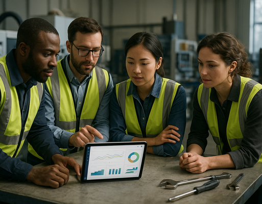 Team überprüft digitales Workflow‑Dashboard zur Umsetzung von Prozess digital für mehr Qualität und Nachhaltigkeit