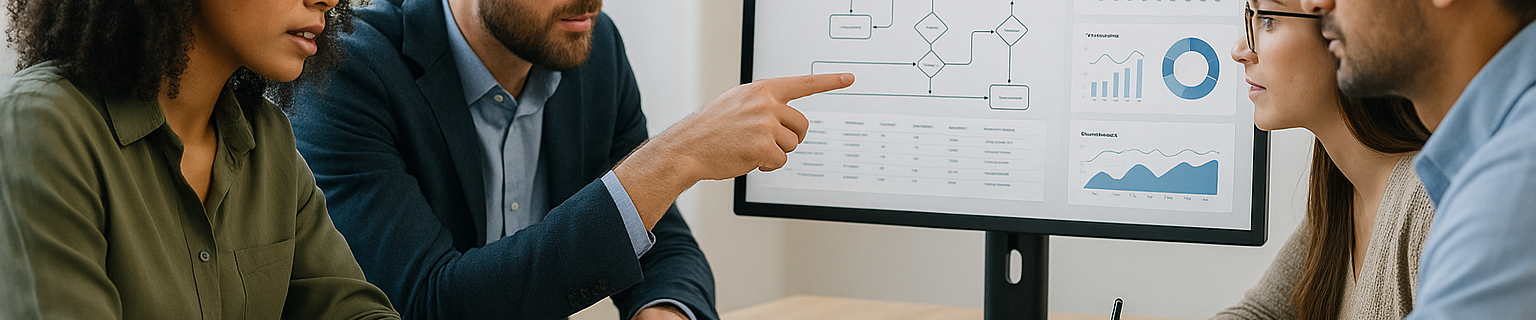 Diverse team reviewing an automation dashboard illustrating Digitale Automatisierung and process flows