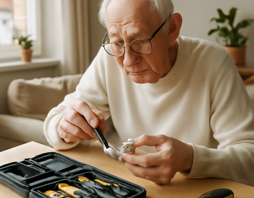 Senior beim Durchführen kleiner Reparaturen im Alltag mit praktischem Werkzeugset in hellem Wohnzimmer