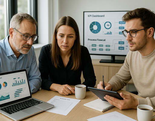 Mittelstand‑Team prüft Automatisierungs‑Dashboard und Priorisierungslisten zur Steigerung der Effizienz