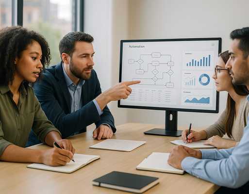 Diverse team reviewing an automation dashboard illustrating Digitale Automatisierung and process flows