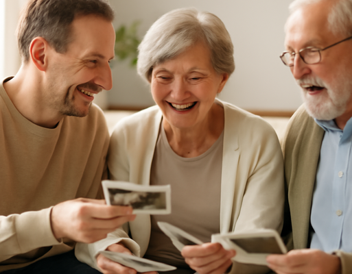 Familie teilt Fotos in einem gemütlichen Wohnzimmer und schafft Vertrauen durch Angehörigenreport