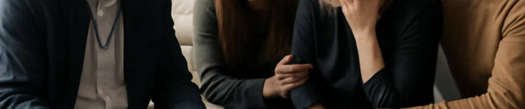 Nachlassservice Mitarbeiter unterstützt trauernde Familie bei Organisation von Erbstücken und Dokumenten in Wohnzimmer