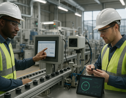 Engineer inspecting touchscreen and inline vision system on a production line demonstrating Automatisierung and sustainable manufacturing practices