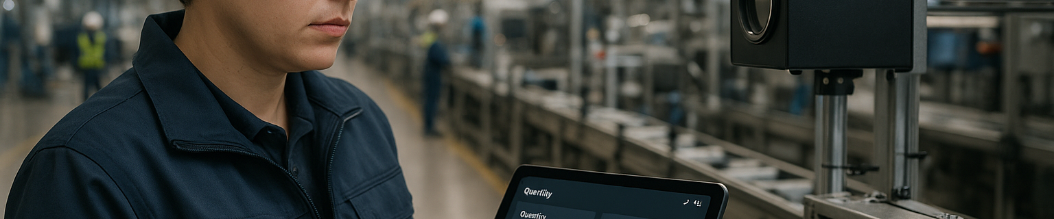 Factory engineer reviewing tablet dashboard to improve Qualität Nachhaltigkeit and energy efficiency