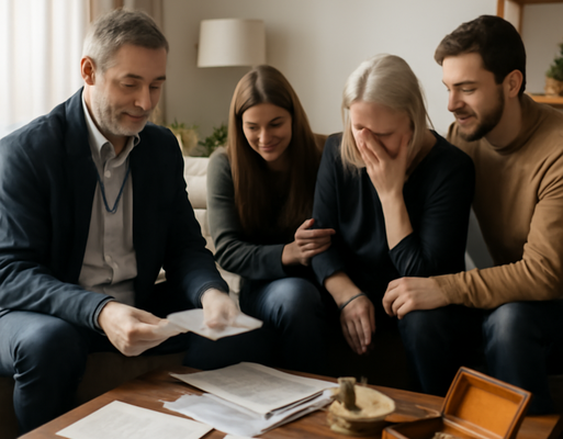Nachlassservice Mitarbeiter unterstützt trauernde Familie bei Organisation von Erbstücken und Dokumenten in Wohnzimmer