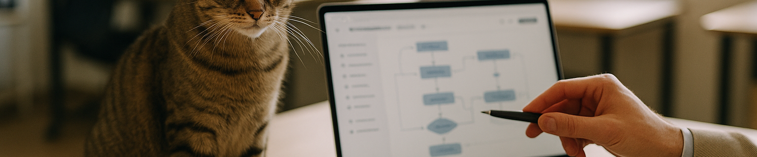Modernes Buero mit Laptop, Checkliste und Katze auf dem Schreibtisch, Symbol fuer Optimierung Automatisierung im DACH-Mittelstand