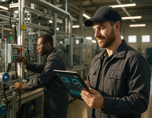 Operators reviewing a tablet dashboard with energy and OEE metrics in a modern production line