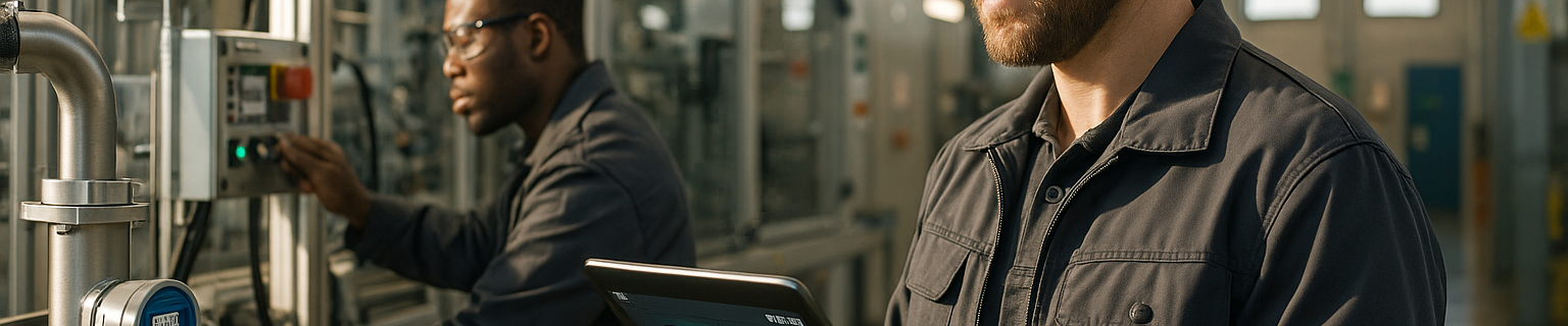 Operators reviewing a tablet dashboard with energy and OEE metrics in a modern production line
