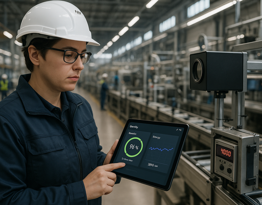 Factory engineer reviewing tablet dashboard to improve Qualität Nachhaltigkeit and energy efficiency