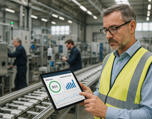 Produktionsleiter prüft Tablet mit Echtzeit‑Dashboards zu Effizienz und Automatisierung neben einer Fertigungslinie