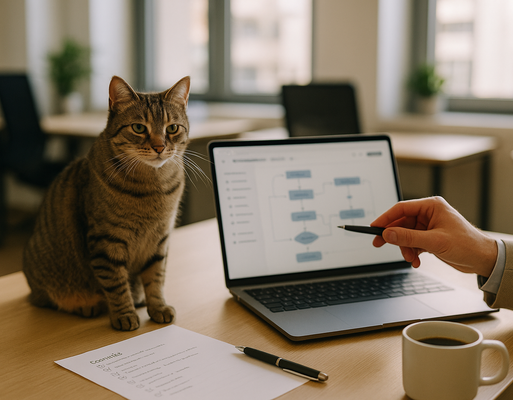 Modernes Buero mit Laptop, Checkliste und Katze auf dem Schreibtisch, Symbol fuer Optimierung Automatisierung im DACH-Mittelstand