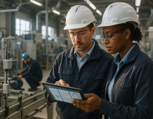 Zwei Ingenieur:innen prüfen ein Tablet‑Dashboard mit Produktionskennzahlen und sichtbaren IoT‑Sensoren an Maschinen
