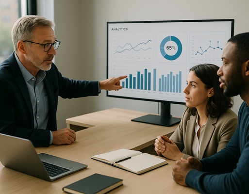Business team reviewing a live analytics dashboard illustrating digitale innovation and data-driven automation