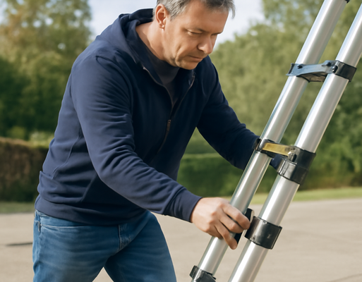 Mann stellt Teleskopleiter sicher auf stabilem Untergrund auf